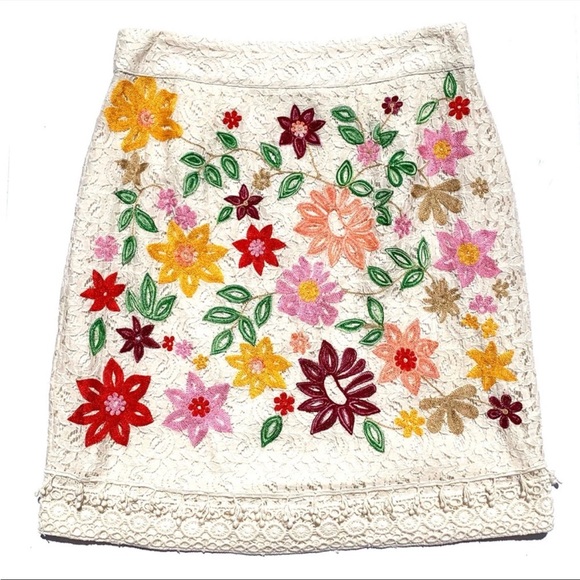Maeve Anthropologie Ayaka Popcorn Lace Cream Floral Embroidery Skirt - Picture 3 of 16